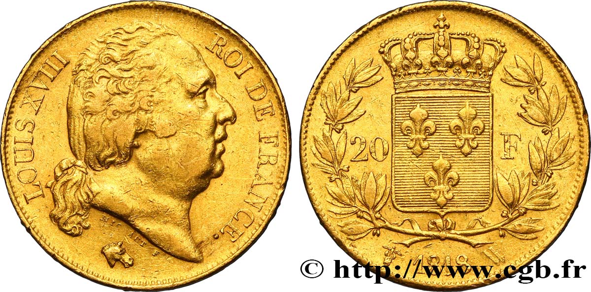 20 francs or Louis XVIII, tête nue 1818 Lille F.519/14 SS50 