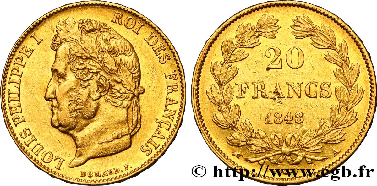 20 francs or Louis-Philippe, Domard 1848 Paris F.527/38 AU55 