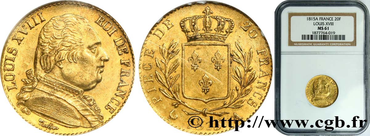 20 francs or Louis XVIII, buste habillé 1815 Paris F.517/10 SPL61 NGC