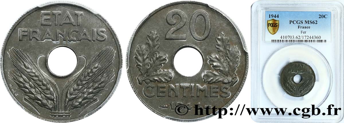 20 centimes fer, Étude de tranche 1944  GEM.53 3 SUP62 PCGS