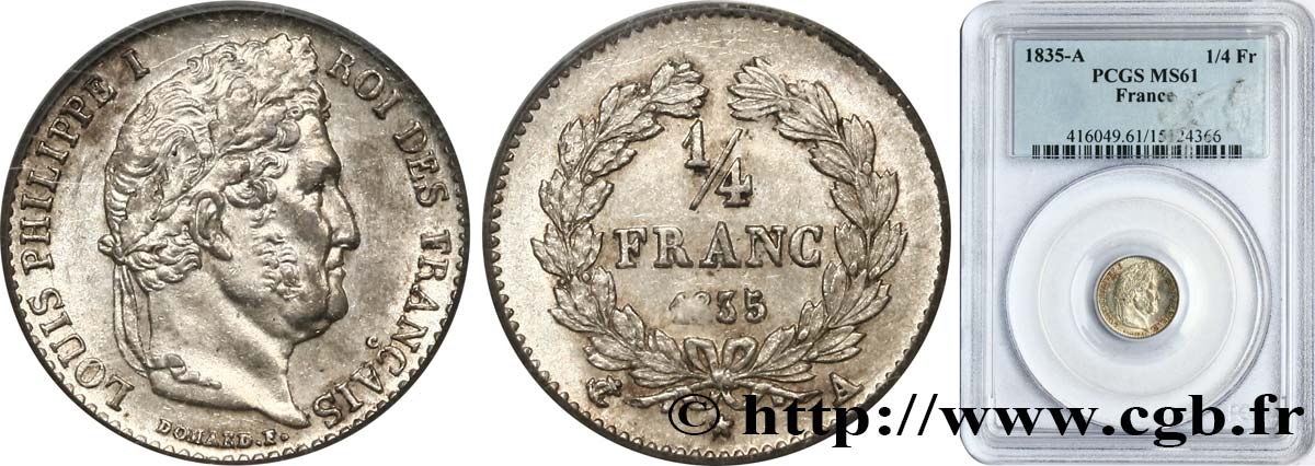 1/4 franc Louis-Philippe 1835 Paris F.166/49 SUP61 PCGS