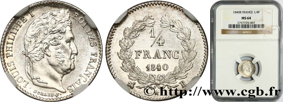 1/4 franc Louis-Philippe 1840 Rouen F.166/81 SPL64 NGC