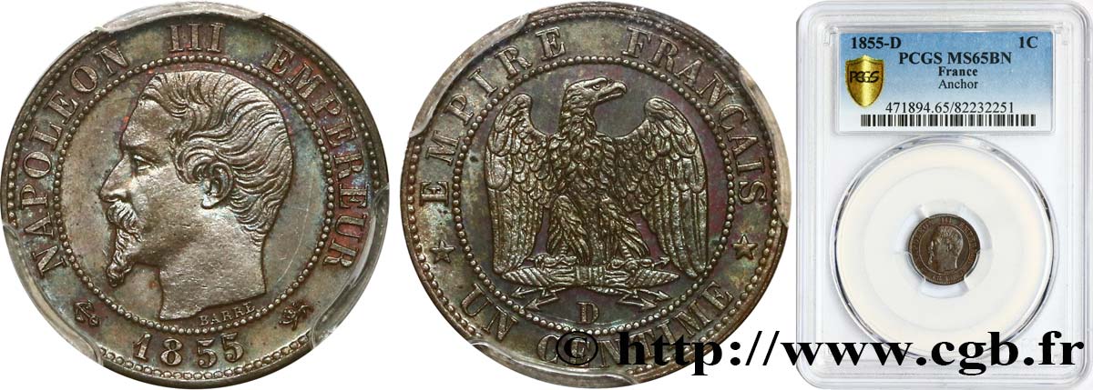 Un centime Napoléon III, tête nue, différent ancre 1855 Lyon F.102/20 MS65 PCGS