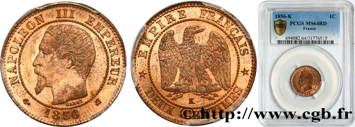Deux centimes Napoléon III, tête nue 1856 Bordeaux F.107/41 SC64 PCGS