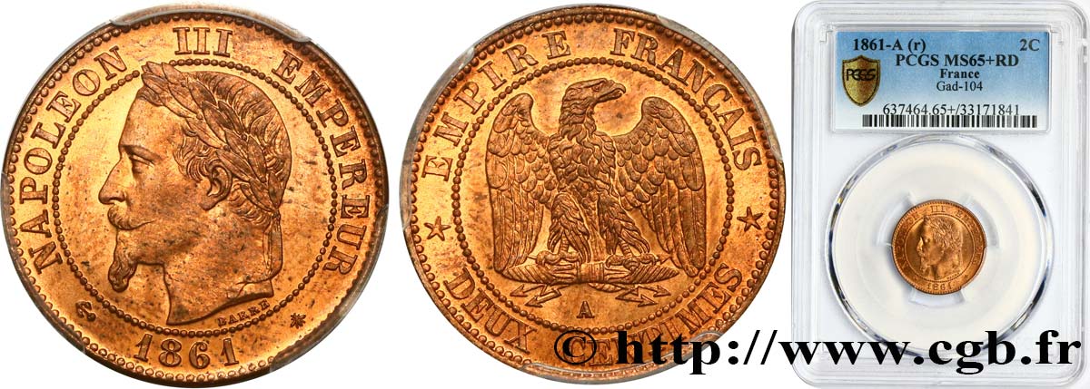 Deux centimes Napoléon III, tête laurée 1861 Paris F.108A/1 MS65 PCGS