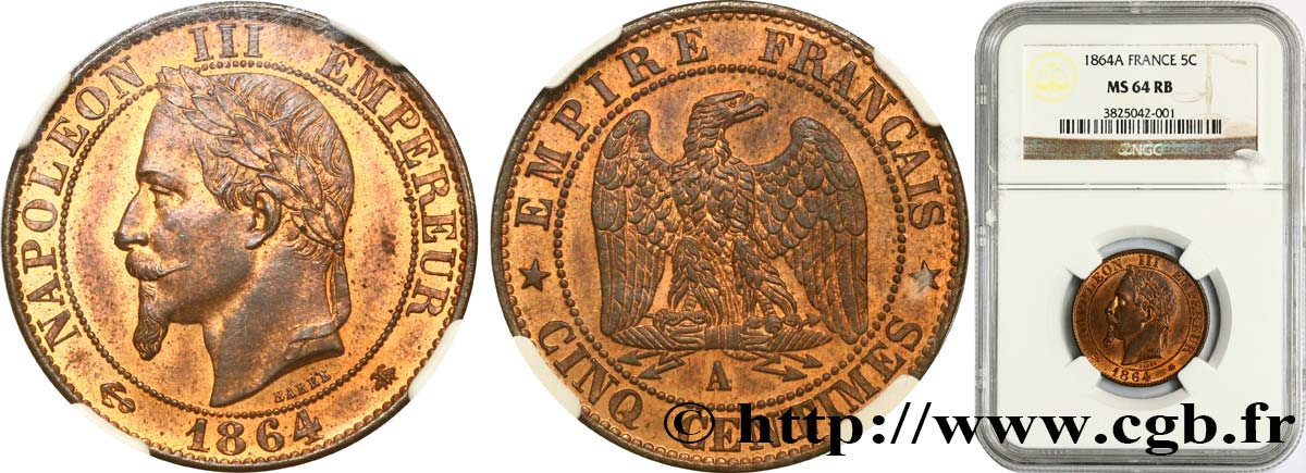 Cinq centimes Napoléon III, tête laurée 1864 Paris F.117/13 SPL64 NGC