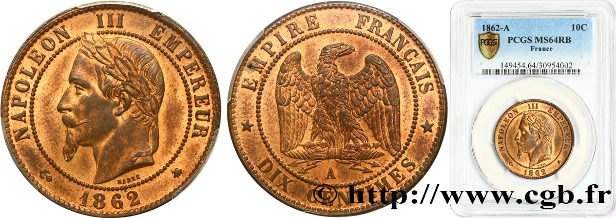 Dix centimes Napoléon III, tête laurée 1862 Paris F.134/5 MS64 PCGS