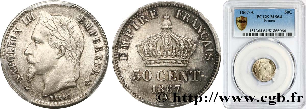 50 centimes Napoléon III, tête laurée 1867 Paris F.188/13 SC64 PCGS