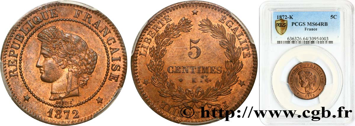 5 centimes Cérès 1872 Bordeaux F.118/6 SC64 PCGS