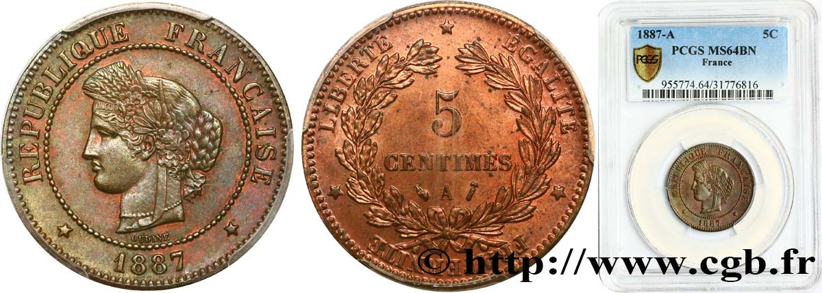 5 centimes Cérès 1887 Paris F.118/29 fST64 PCGS