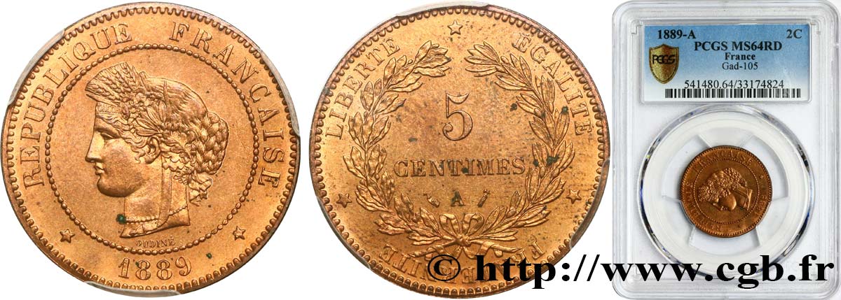 5 centimes Cérès 1889 Paris F.118/31 fST64 PCGS