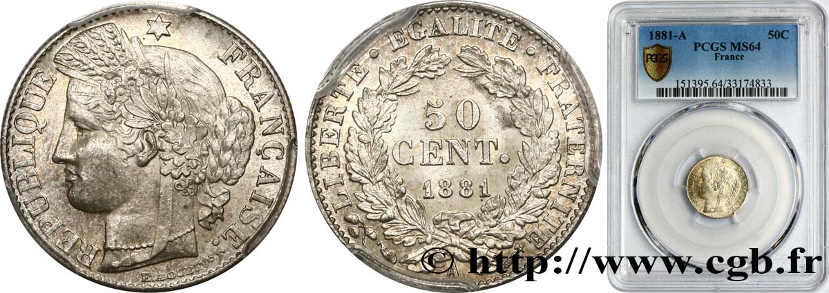 50 centimes Cérès, IIIe République 1881 Paris F.189/9 SC64 PCGS