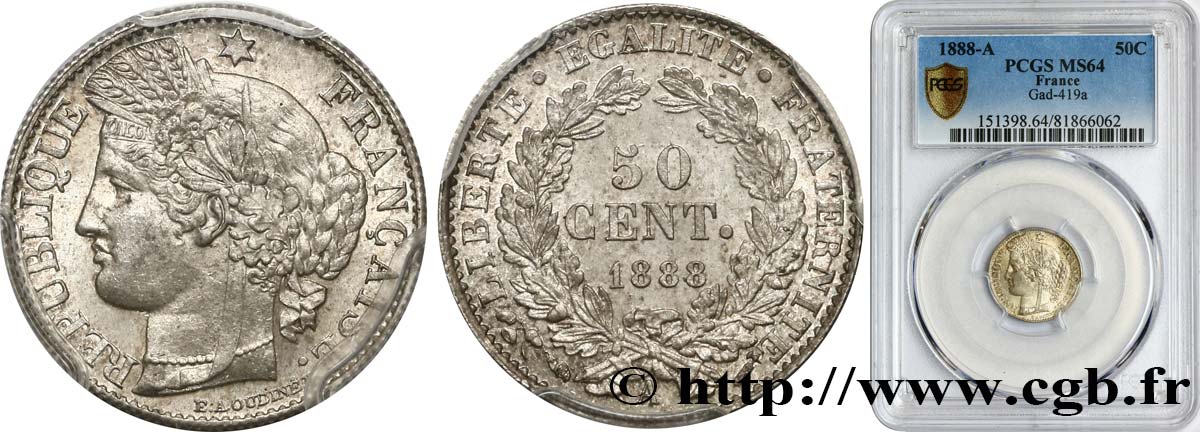 50 centimes Cérès, Troisième République 1888 Paris F.189/13 fST64 PCGS