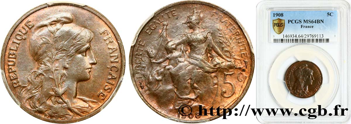 5 centimes Daniel-Dupuis 1908  F.119/19 MS64 PCGS