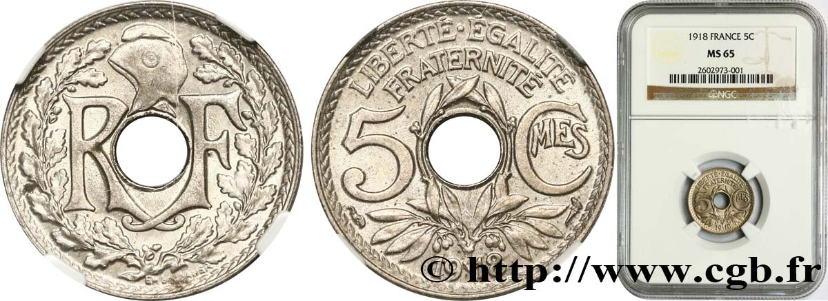 5 centimes Lindauer, grand module 1918 Paris F.121/2 ST65 NGC