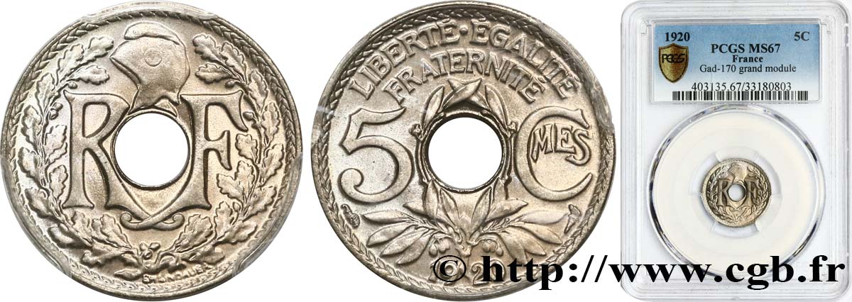 5 centimes Lindauer, grand module 1920  F.121/4 ST67 PCGS