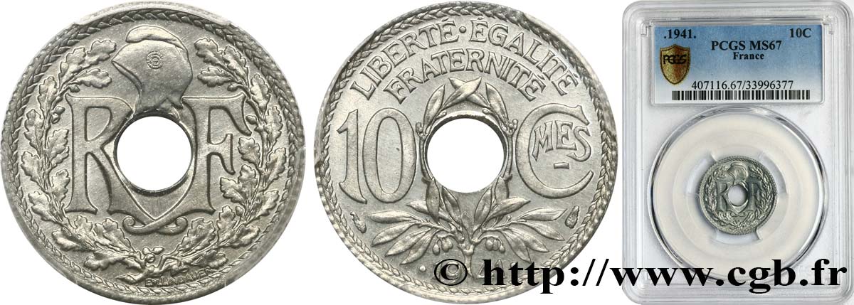 10 centimes Lindauer en zinc, Cmes souligné et millésime avec points 1941  F.140/2 FDC67 PCGS