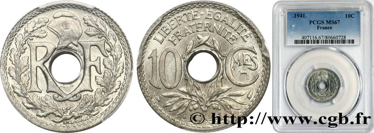 10 centimes Lindauer en zinc, Cmes souligné et millésime avec points 1941  F.140/2 ST67 PCGS