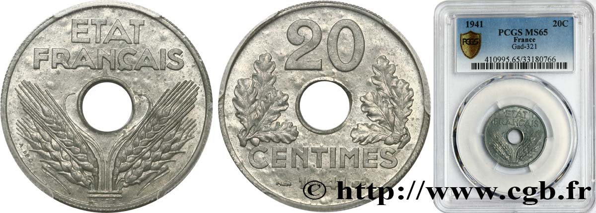 20 centimes État français, lourde 1941  F.153/2 FDC65 PCGS