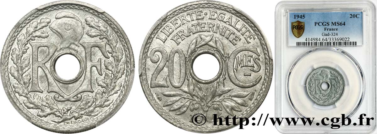 20 centimes Lindauer Zinc 1945  F.155/2 SPL64 PCGS