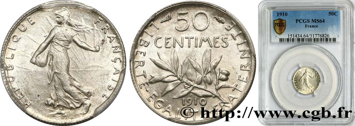 50 centimes Semeuse 1910 Paris F.190/17 fST64 PCGS