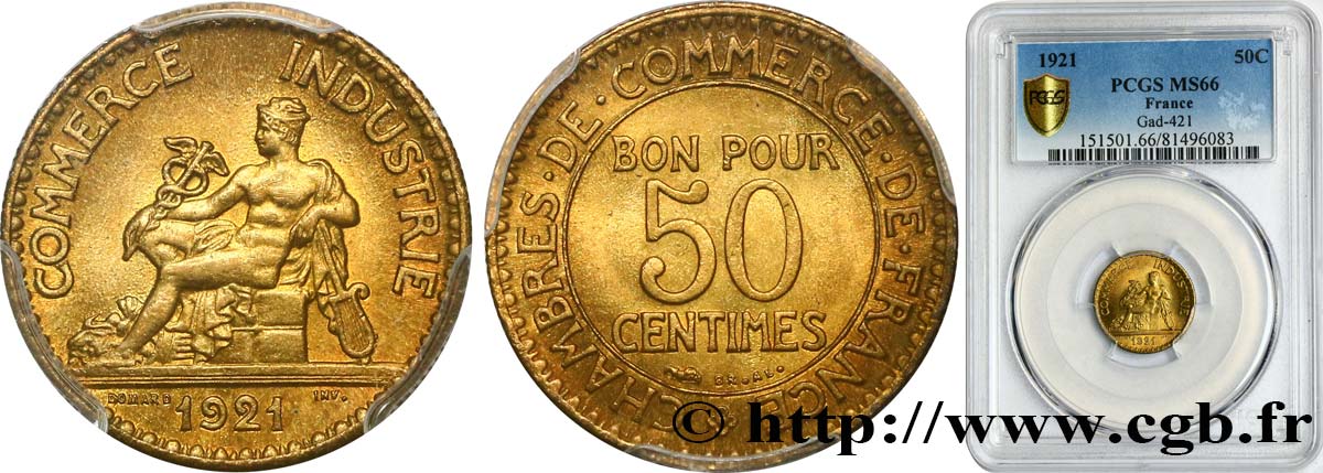50 centimes Chambres de Commerce 1921 Paris F.191/3 MS66 PCGS