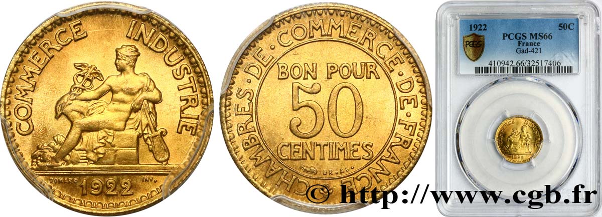 50 centimes Chambres de Commerce 1922 Paris F.191/4 ST66 PCGS