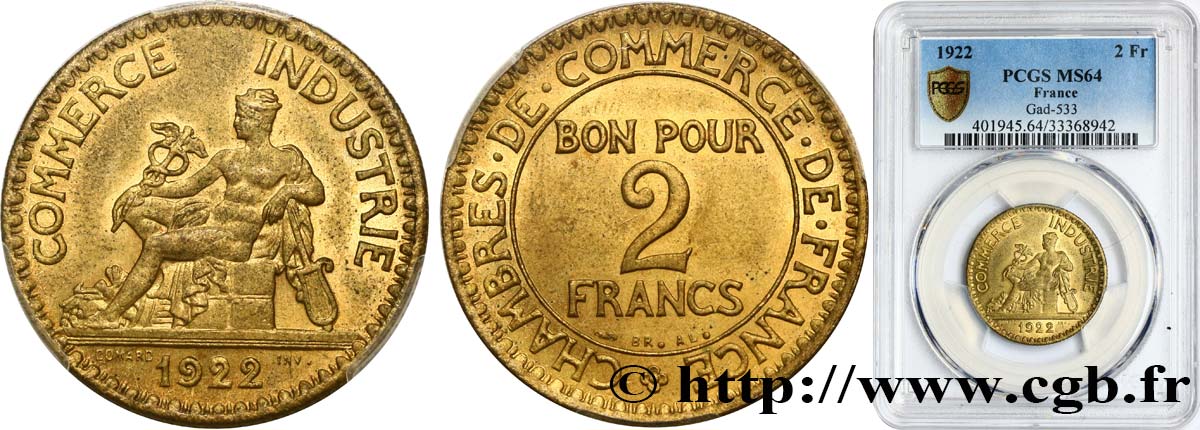 2 francs Chambres de Commerce 1922  F.267/4 MS64 PCGS