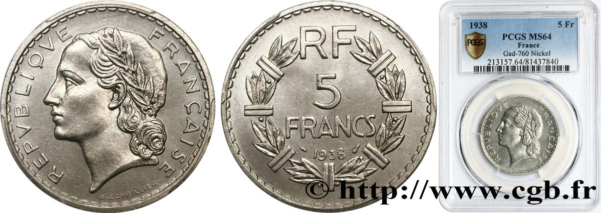 5 francs Lavrillier, nickel 1938  F.336/7 fST64 PCGS