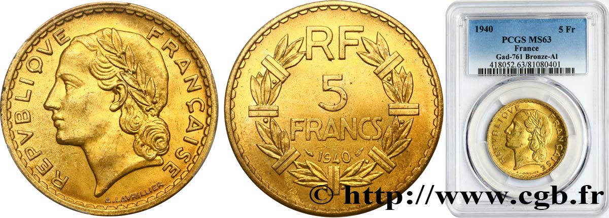5 francs Lavrillier, bronze-aluminium 1940  F.337/4 MS63 PCGS