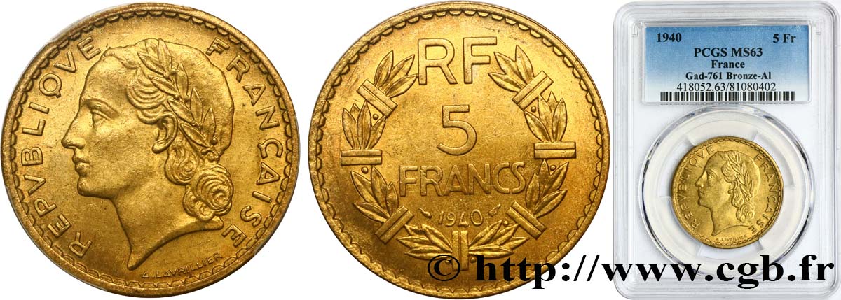 5 francs Lavrillier, bronze-aluminium 1940  F.337/4 SC63 PCGS