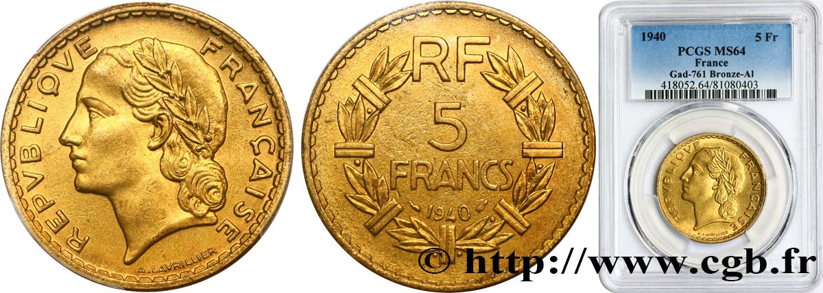 5 francs Lavrillier, bronze-aluminium 1940  F.337/4 MS64 PCGS