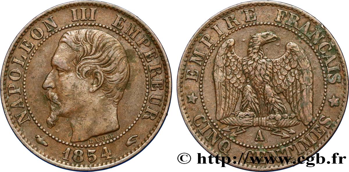 Cinq centimes Napoléon III, tête nue 1854 Paris F.116/8 TTB48 