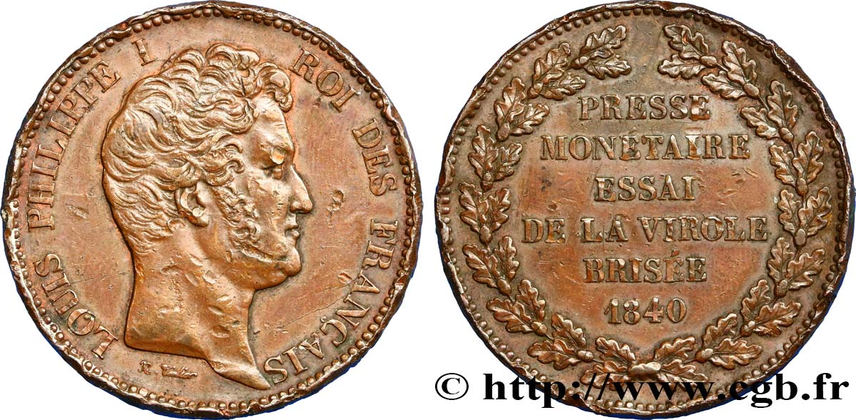 Essai module de 5 francs en cuivre pour la virole brisée 1840 Paris VG.2909  BB 