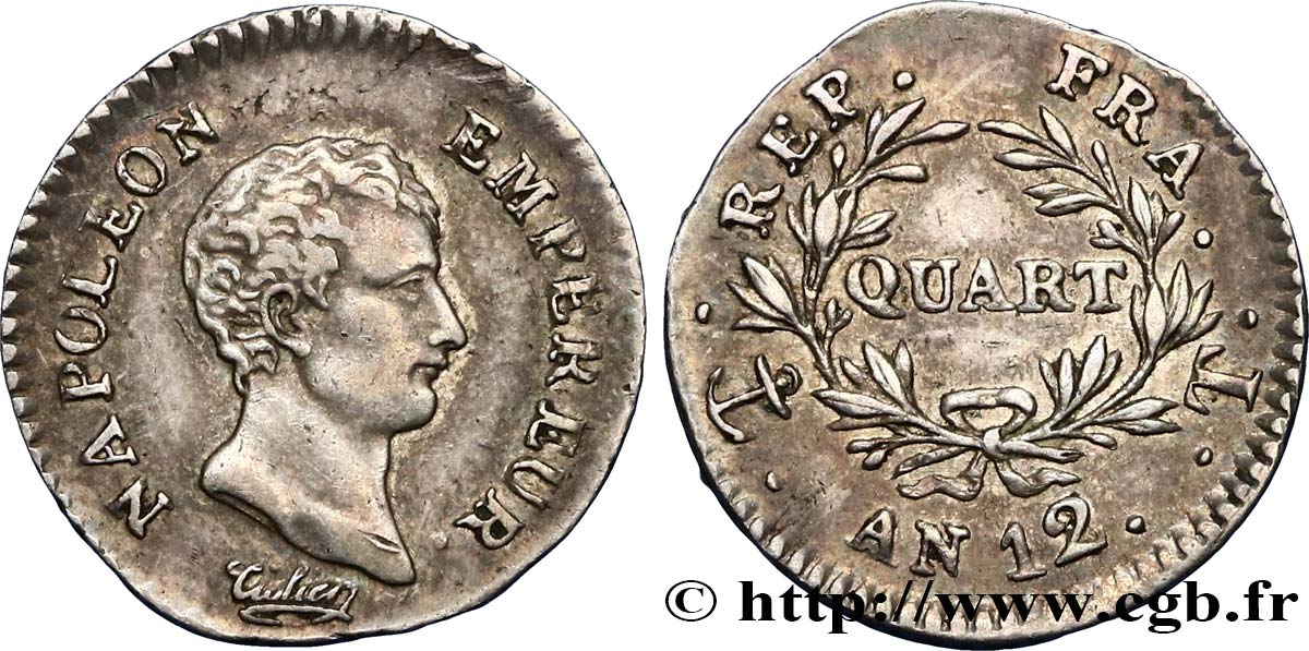 Quart (de franc) Napoléon Empereur, Calendrier révolutionnaire 1804 Nantes F.158/7 SS48 