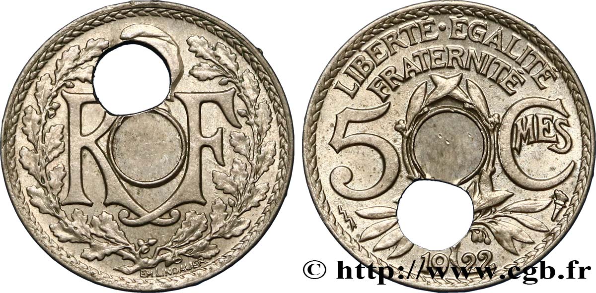 5 centimes Lindauer petit module, trou décentré 1922 Poissy F.122/5 var. EBC55 
