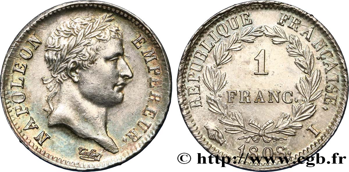 1 franc Napoléon Ier tête laurée, République française 1808 Limoges F.204/7 VZ60 