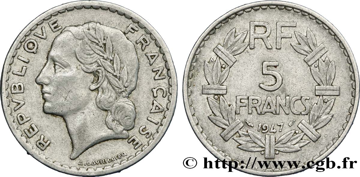 5 francs Lavrillier, aluminium, Coins Tournés à 1h 1947  F.339/9 VF25 