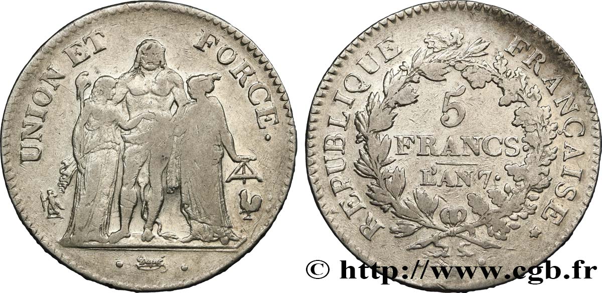 5 francs Union et Force, Union serré, seulement gland extérieur 1799 Paris F.288/101 VF25 