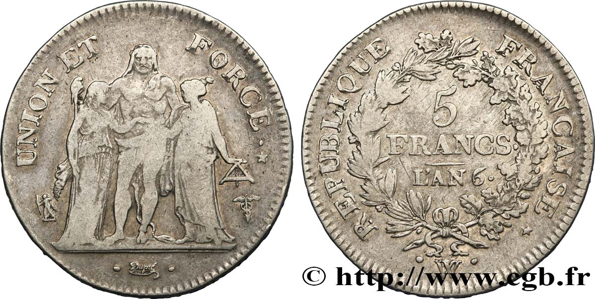 5 francs Union et Force, Union serré, seulement gland extérieur 1798 Lille F.288/92 S28 