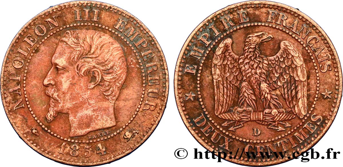 Deux centimes Napoléon III, tête nue, petit D et grand lion 1854 Lyon F.107/14 BB40 
