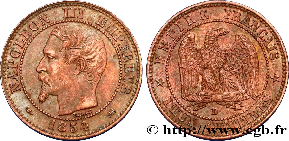 Deux centimes Napoléon III, tête nue 1854 Lyon F.107/15 MBC50 