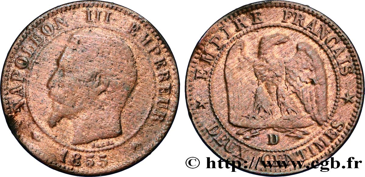 Deux centimes Napoléon III, tête nue, différent levrette, grand D et petit lion 1855 Lyon F.107/26 B10 