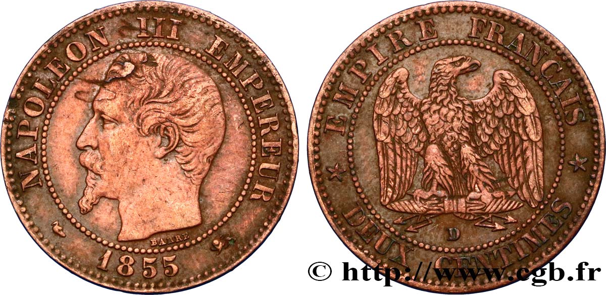Deux centimes Napoléon III, tête nue 1855 Lyon F.107/29 BB45 