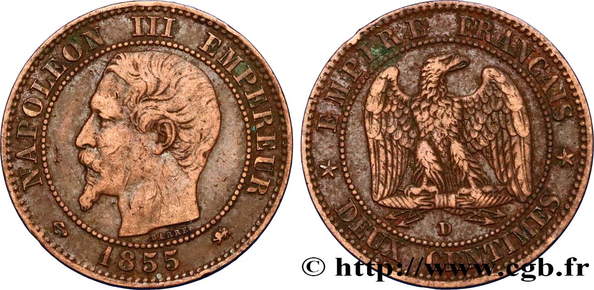 Deux centimes Napoléon III, tête nue 1855 Lyon F.107/32 BB40 