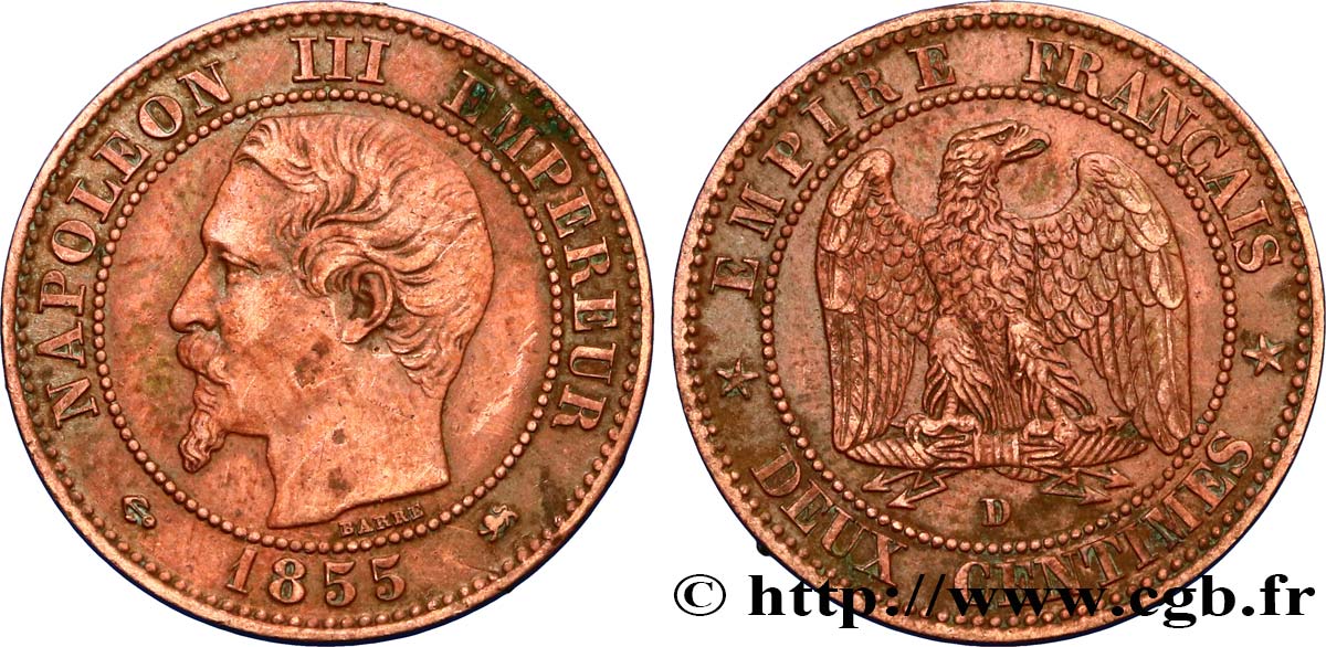 Deux centimes Napoléon III, tête nue 1855 Lyon F.107/32 BB48 