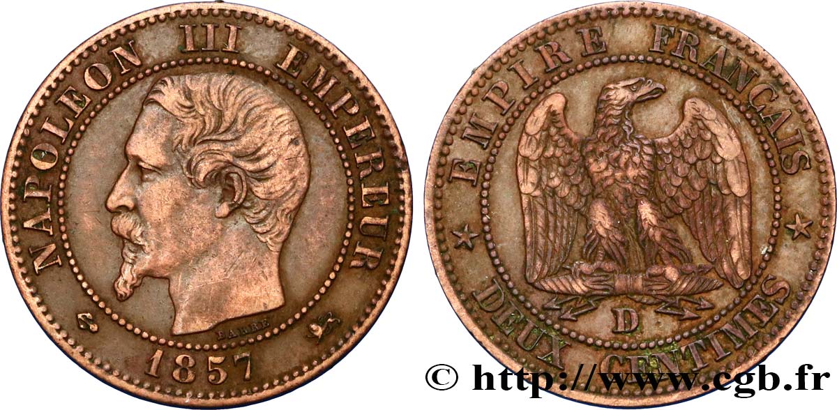 Deux centimes Napoléon III, tête nue 1857 Lyon F.107/46 TTB48 