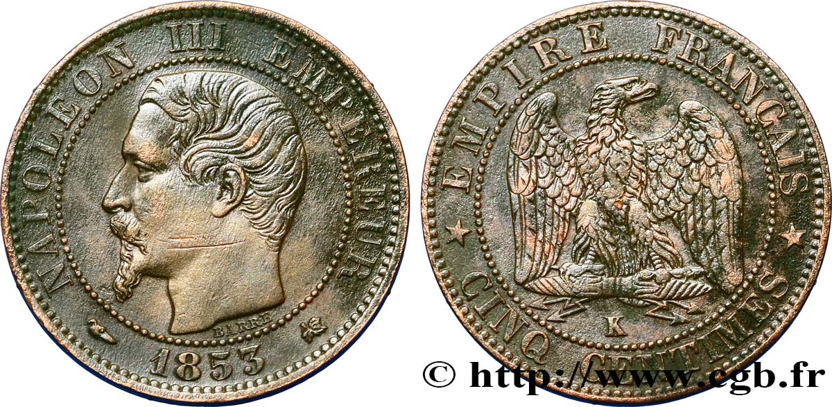 Cinq centimes Napoléon III, tête nue 1853 Bordeaux F.116/5 TTB48 
