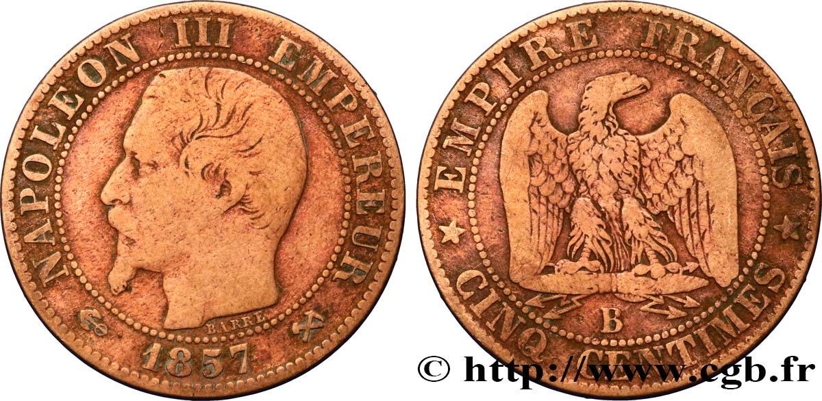 Cinq centimes Napoléon III, tête nue 1857 Rouen F.116/38 VF20 