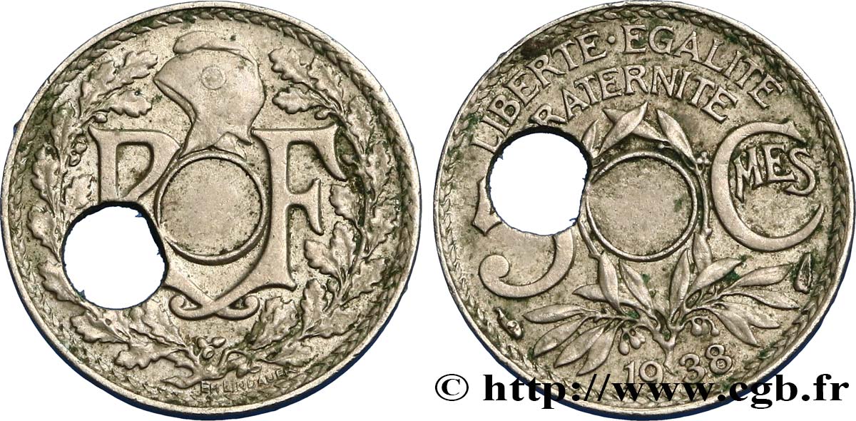 5 centimes Lindauer, petit module, trou décentré 1938  F.122/21 var. SS45 